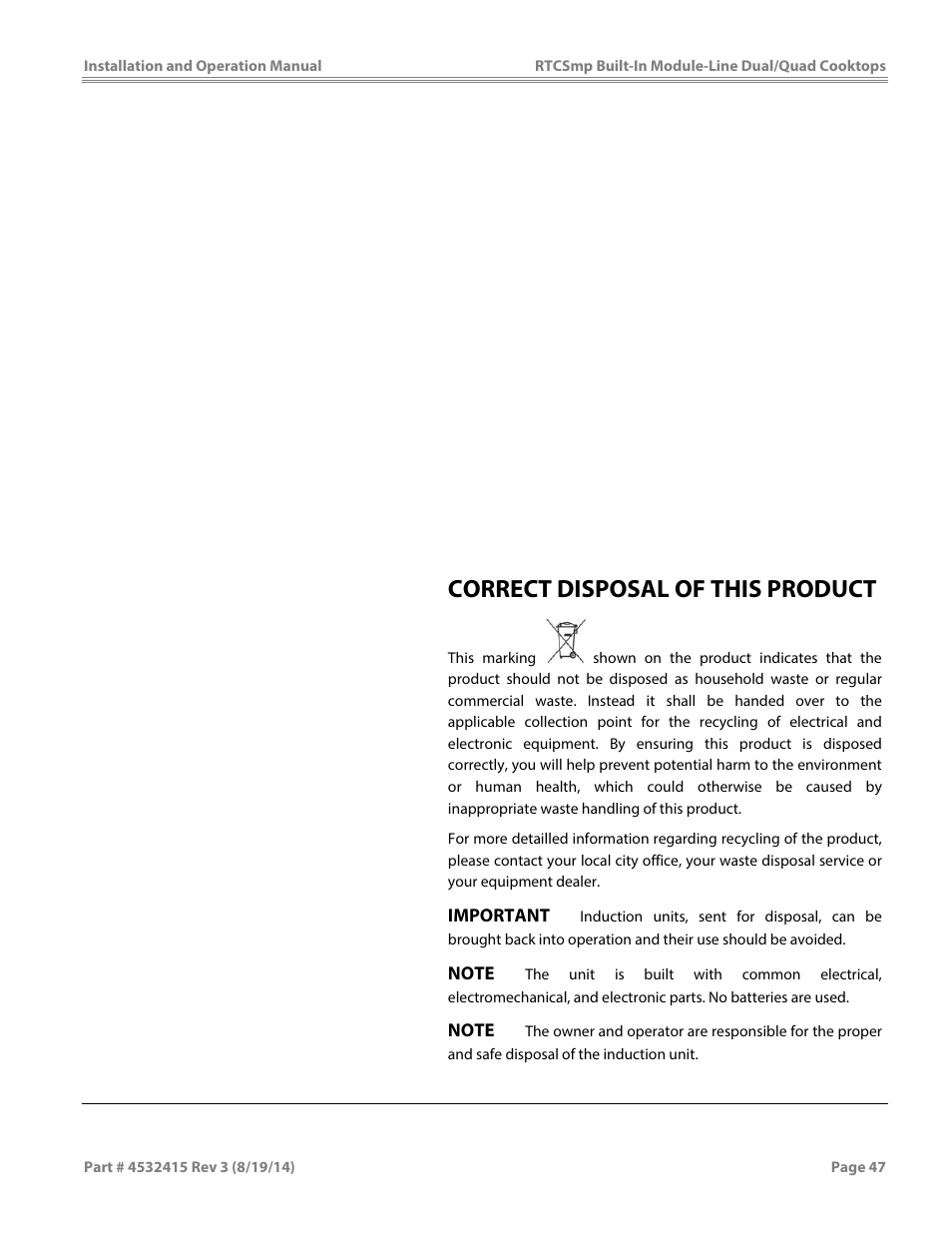 Correct disposal of this product | Garland MO QU 28000 FL INDUCTION MODULE-LINE COOKTOPS DUAL/QUAD User Manual | Page 47 / 48