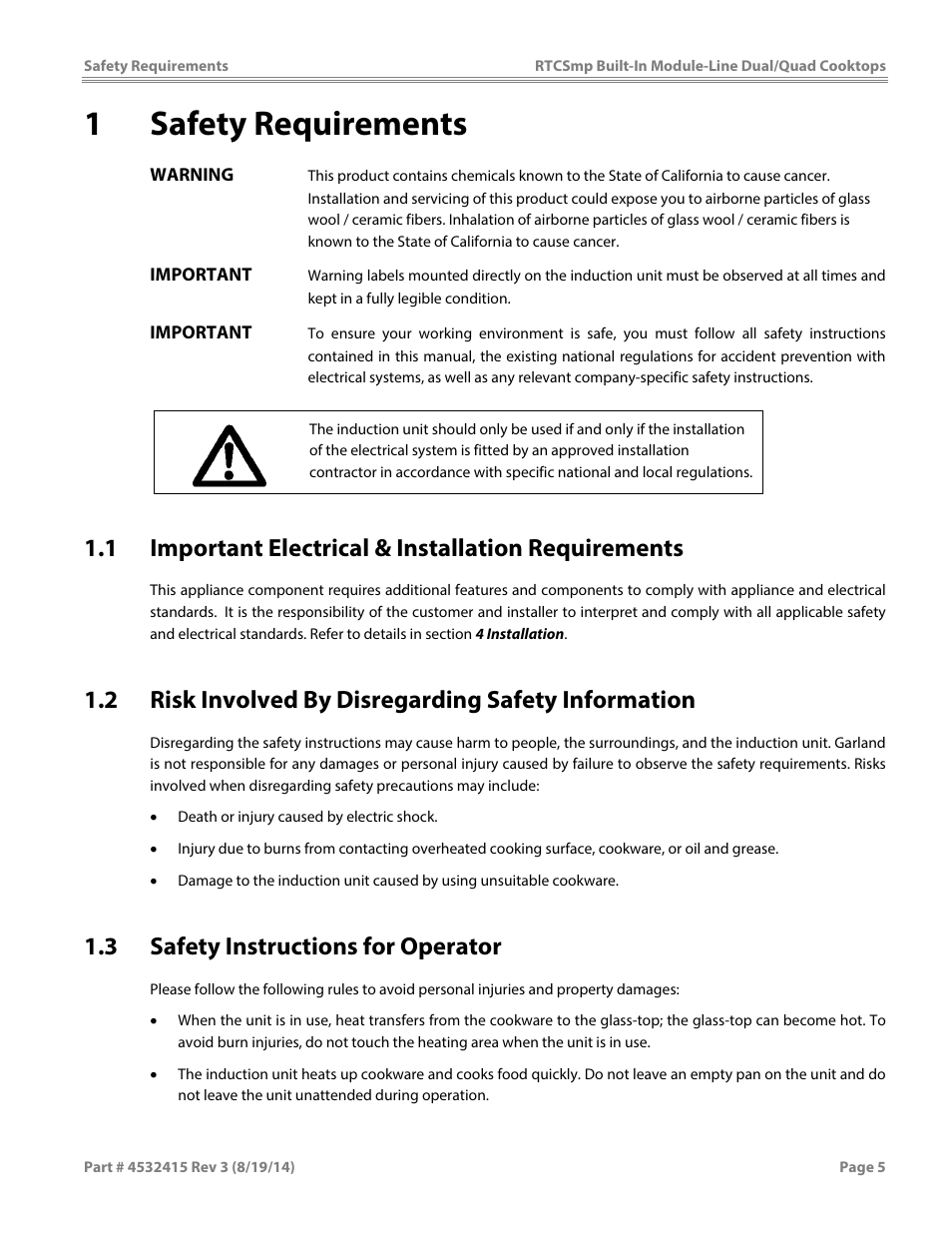 1safety requirements, 1 important electrical & installation requirements, 2 risk involved by disregarding safety information | 3 safety instructions for operator | Garland MO QU 28000 FL INDUCTION MODULE-LINE COOKTOPS DUAL/QUAD User Manual | Page 5 / 48