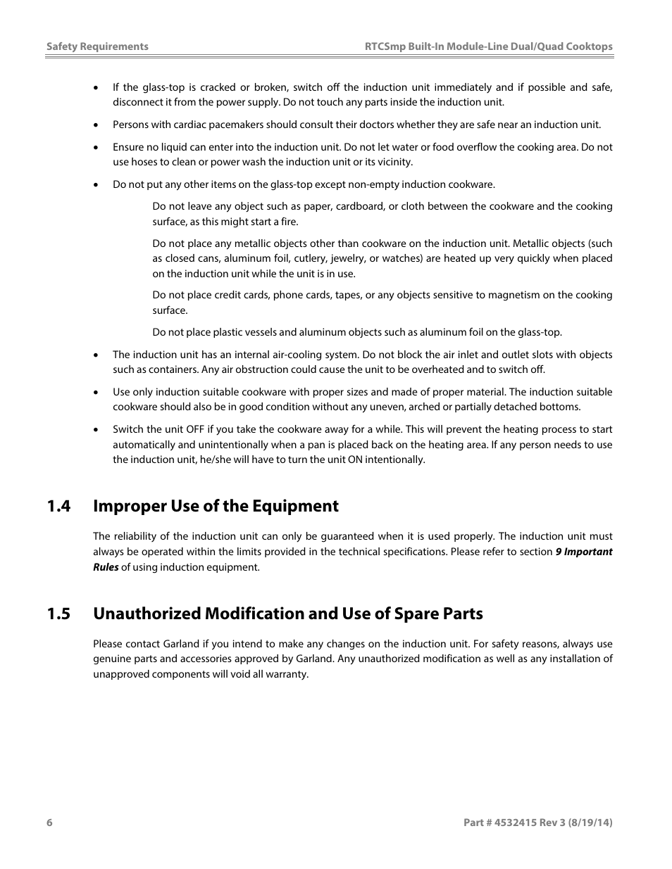 4 improper use of the equipment, 5 unauthorized modification and use of spare parts | Garland MO QU 28000 FL INDUCTION MODULE-LINE COOKTOPS DUAL/QUAD User Manual | Page 6 / 48