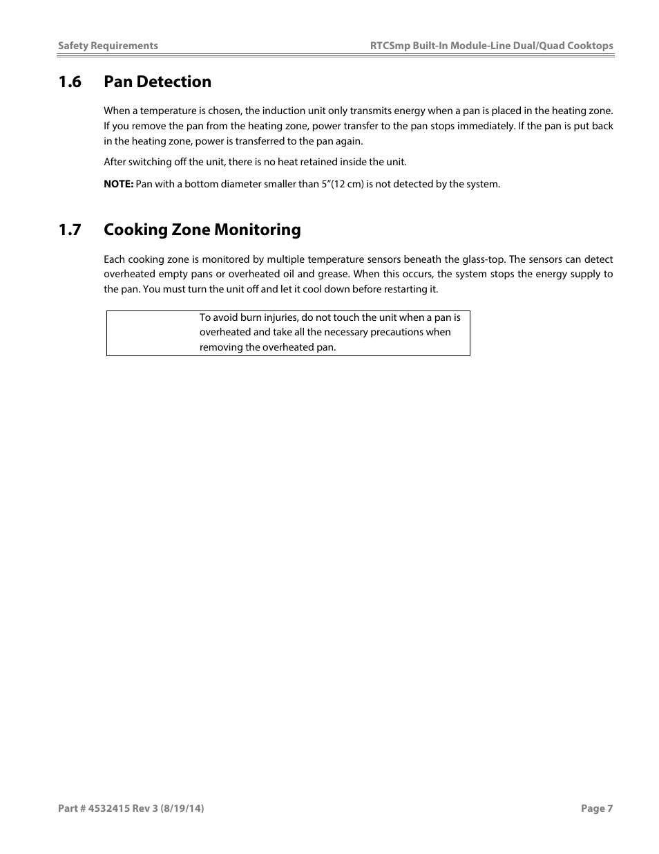 6 pan detection, 7 cooking zone monitoring, Caution | Garland MO QU 28000 FL INDUCTION MODULE-LINE COOKTOPS DUAL/QUAD User Manual | Page 7 / 48