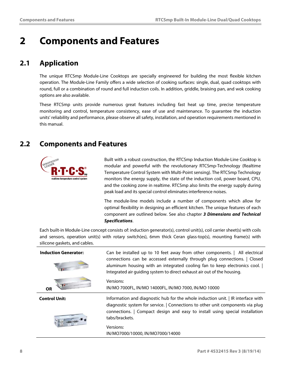 2components and features, 1 application, 2 components and features | Garland MO QU 28000 FL INDUCTION MODULE-LINE COOKTOPS DUAL/QUAD User Manual | Page 8 / 48