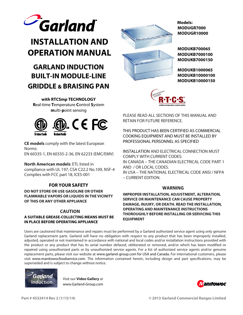 Garland MODUKB10000150 INDUCTION BUILT-IN MODULE-LINE GRIDDLE & BRAISING PAN User Manual | 32 pages