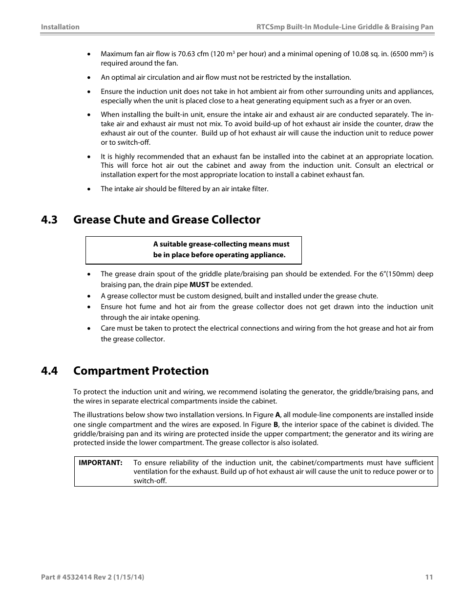3 grease chute and grease collector, 4 compartment protection, Caution | Garland MODUKB10000150 INDUCTION BUILT-IN MODULE-LINE GRIDDLE & BRAISING PAN User Manual | Page 11 / 32