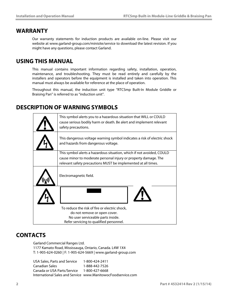 Warranty, Using this manual, Description of warning symbols | Contacts | Garland MODUKB10000150 INDUCTION BUILT-IN MODULE-LINE GRIDDLE & BRAISING PAN User Manual | Page 2 / 32