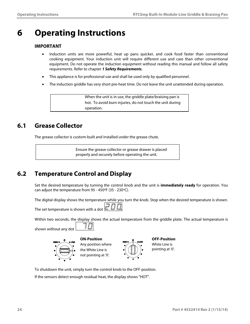 6 operating instructions, 1 grease collector, 2 temperature control and display | Caution | Garland MODUKB10000150 INDUCTION BUILT-IN MODULE-LINE GRIDDLE & BRAISING PAN User Manual | Page 24 / 32