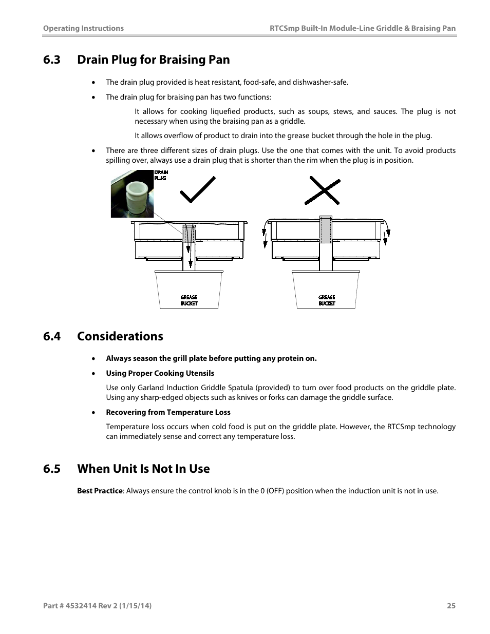 3 drain plug for braising pan, 4 considerations, 5 when unit is not in use | Garland MODUKB10000150 INDUCTION BUILT-IN MODULE-LINE GRIDDLE & BRAISING PAN User Manual | Page 25 / 32