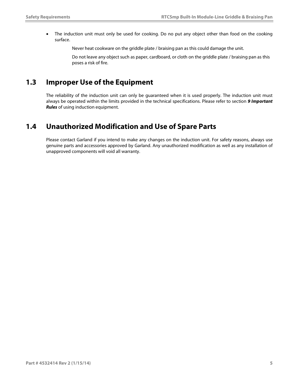 3 improper use of the equipment, 4 unauthorized modification and use of spare parts | Garland MODUKB10000150 INDUCTION BUILT-IN MODULE-LINE GRIDDLE & BRAISING PAN User Manual | Page 5 / 32