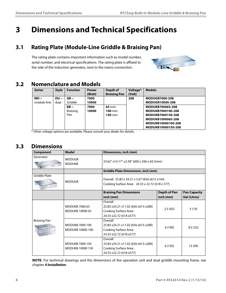 3 dimensions and technical specifications, 2 nomenclature and models, 3 dimensions | Garland MODUKB10000150 INDUCTION BUILT-IN MODULE-LINE GRIDDLE & BRAISING PAN User Manual | Page 8 / 32