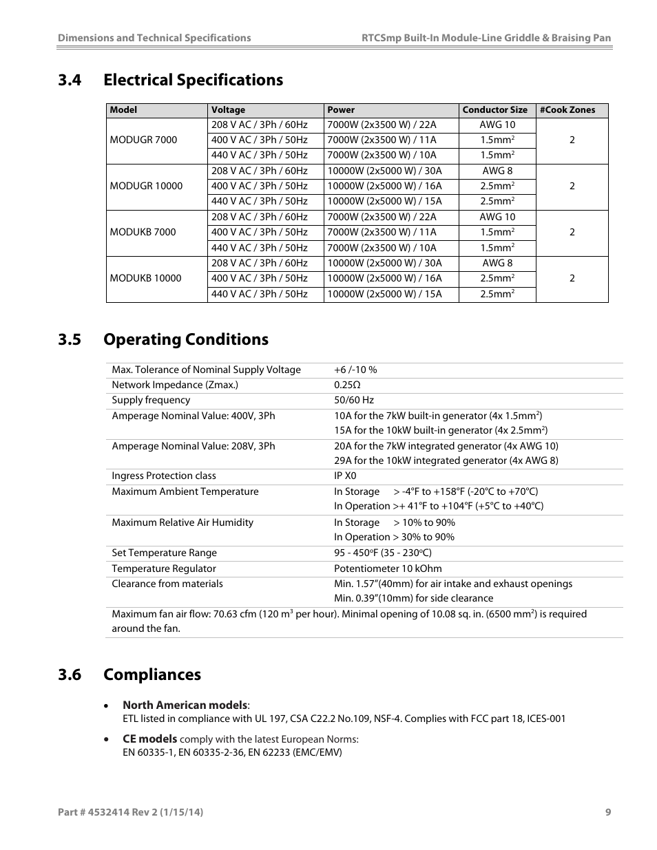 4 electrical specifications, 5 operating conditions, 6 compliances | Garland MODUKB10000150 INDUCTION BUILT-IN MODULE-LINE GRIDDLE & BRAISING PAN User Manual | Page 9 / 32