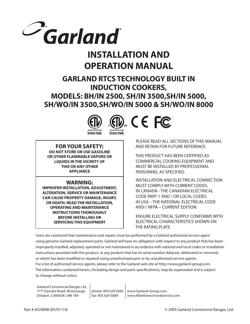 Garland SH/WO/IN 8000 RTCS TECHNOLOGY BUILT IN INDUCTION COOKERS User Manual | 28 pages