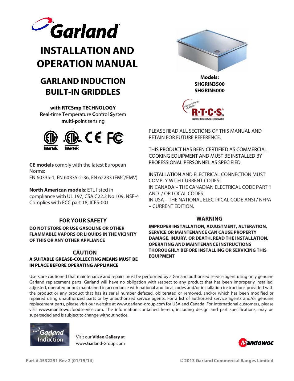 Garland SHGRIN5000 INDUCTION BUILT-IN GRIDDLES User Manual | 28 pages