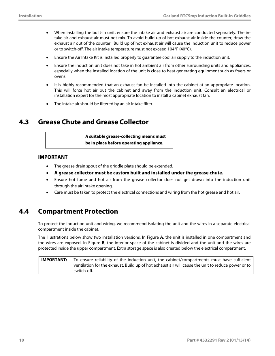 3 grease chute and grease collector, 4 compartment protection, Caution | Garland SHGRIN5000 INDUCTION BUILT-IN GRIDDLES User Manual | Page 10 / 28