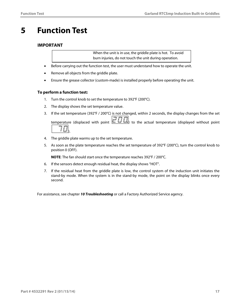 5 function test, Caution | Garland SHGRIN5000 INDUCTION BUILT-IN GRIDDLES User Manual | Page 17 / 28