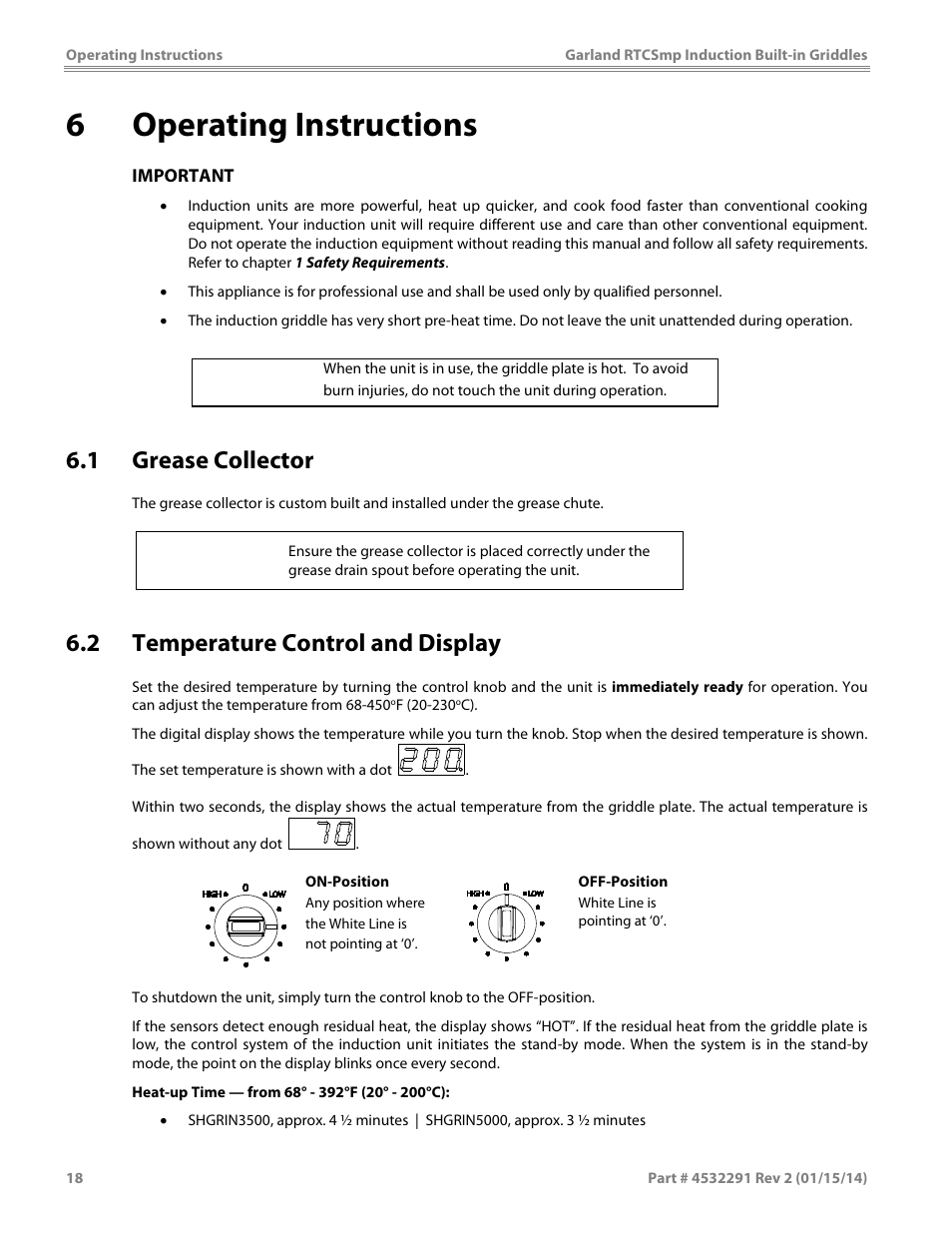 6 operating instructions, 1 grease collector, 2 temperature control and display | Caution | Garland SHGRIN5000 INDUCTION BUILT-IN GRIDDLES User Manual | Page 18 / 28