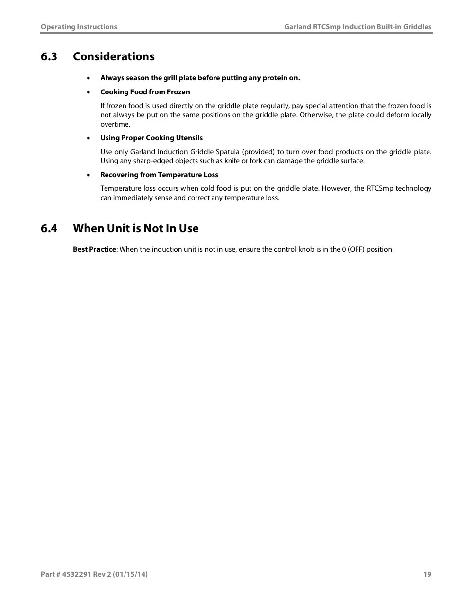 3 considerations, 4 when unit is not in use | Garland SHGRIN5000 INDUCTION BUILT-IN GRIDDLES User Manual | Page 19 / 28