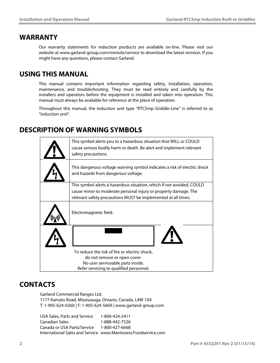 Warranty, Using this manual, Description of warning symbols | Contacts | Garland SHGRIN5000 INDUCTION BUILT-IN GRIDDLES User Manual | Page 2 / 28