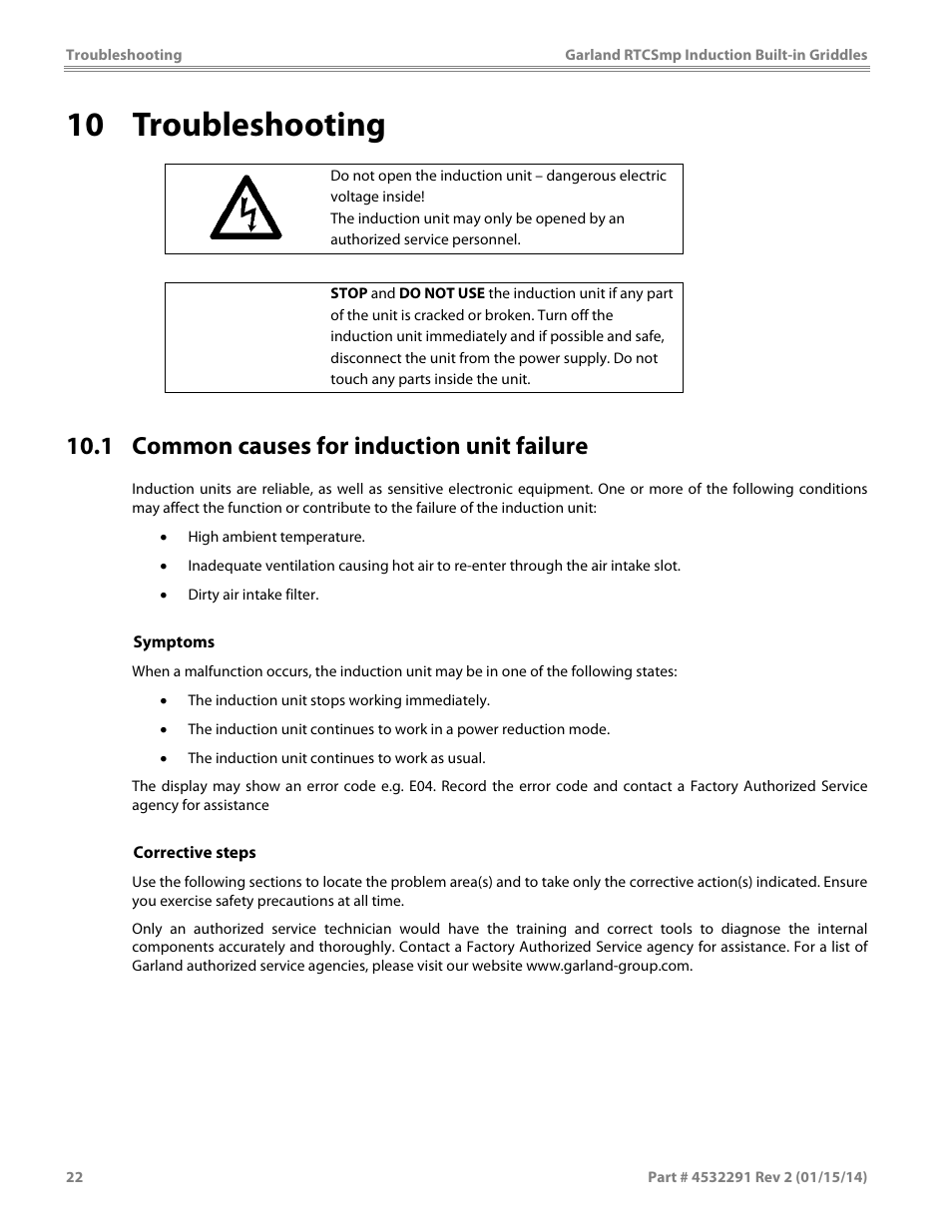 10 troubleshooting, 1 common causes for induction unit failure, Caution | Garland SHGRIN5000 INDUCTION BUILT-IN GRIDDLES User Manual | Page 22 / 28