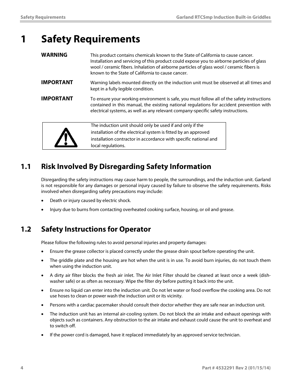 1 safety requirements, 1 risk involved by disregarding safety information, 2 safety instructions for operator | Garland SHGRIN5000 INDUCTION BUILT-IN GRIDDLES User Manual | Page 4 / 28