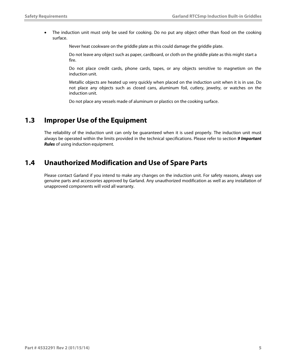 3 improper use of the equipment, 4 unauthorized modification and use of spare parts | Garland SHGRIN5000 INDUCTION BUILT-IN GRIDDLES User Manual | Page 5 / 28