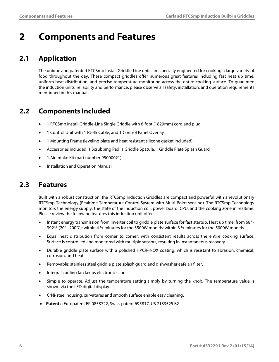 2 components and features, 1 application, 2 components included | 3 features | Garland SHGRIN5000 INDUCTION BUILT-IN GRIDDLES User Manual | Page 6 / 28