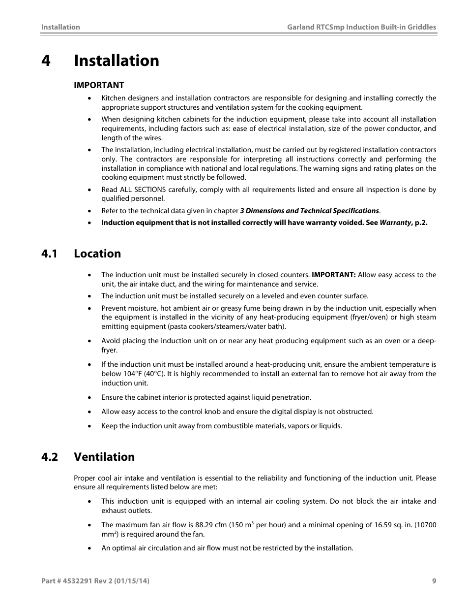 4 installation, 1 location, 2 ventilation | Garland SHGRIN5000 INDUCTION BUILT-IN GRIDDLES User Manual | Page 9 / 28