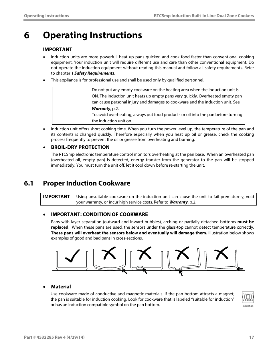 6operating instructions, 1 proper induction cookware, Caution | Garland SH DU IN 10000 (2x5000 / 10kW) INDUCTION BUILT-IN LINE DUAL-ZONE COOKERS User Manual | Page 17 / 28