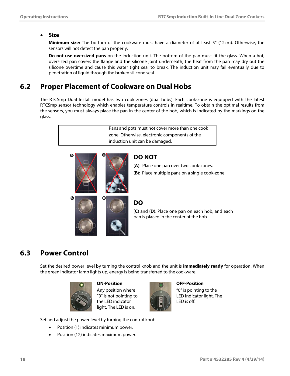2 proper placement of cookware on dual hobs, 3 power control, Caution | Do not | Garland SH DU IN 10000 (2x5000 / 10kW) INDUCTION BUILT-IN LINE DUAL-ZONE COOKERS User Manual | Page 18 / 28