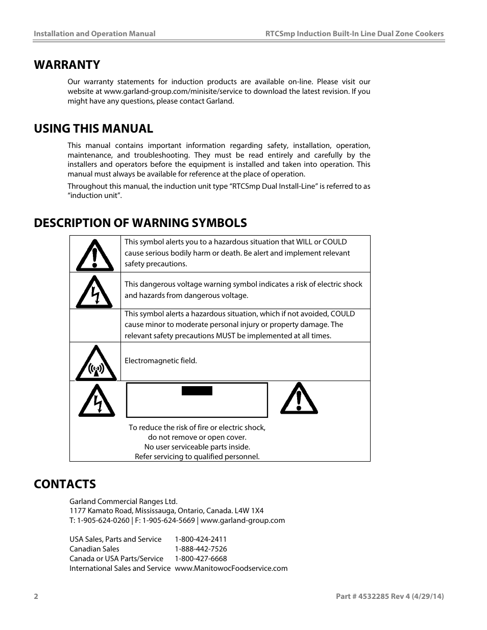 Warranty, Using this manual, Description of warning symbols | Contacts | Garland SH DU IN 10000 (2x5000 / 10kW) INDUCTION BUILT-IN LINE DUAL-ZONE COOKERS User Manual | Page 2 / 28