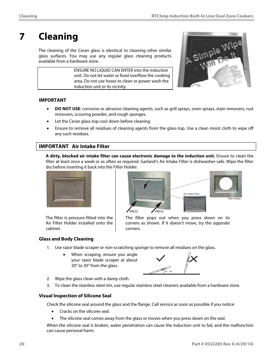 7cleaning, Caution, Important air intake filter | Garland SH DU IN 10000 (2x5000 / 10kW) INDUCTION BUILT-IN LINE DUAL-ZONE COOKERS User Manual | Page 20 / 28