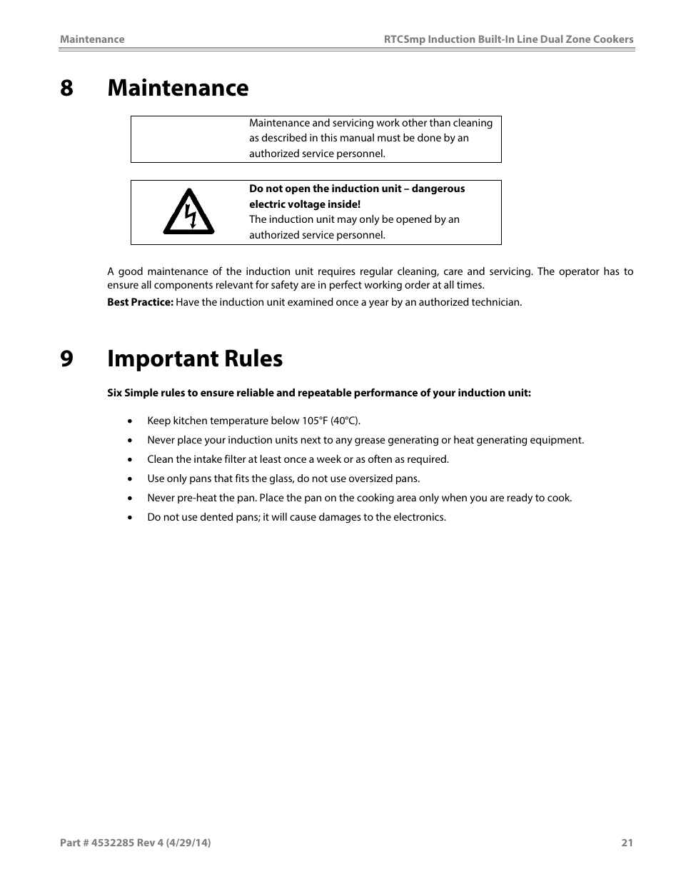 8maintenance, 9important rules | Garland SH DU IN 10000 (2x5000 / 10kW) INDUCTION BUILT-IN LINE DUAL-ZONE COOKERS User Manual | Page 21 / 28