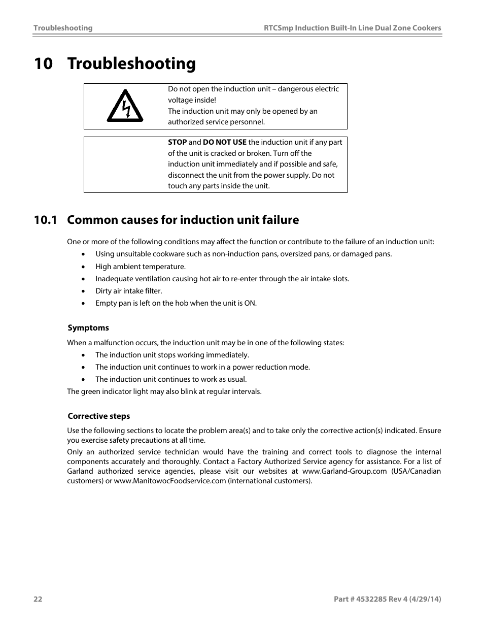 10 troubleshooting, 1 common causes for induction unit failure, Caution | Garland SH DU IN 10000 (2x5000 / 10kW) INDUCTION BUILT-IN LINE DUAL-ZONE COOKERS User Manual | Page 22 / 28