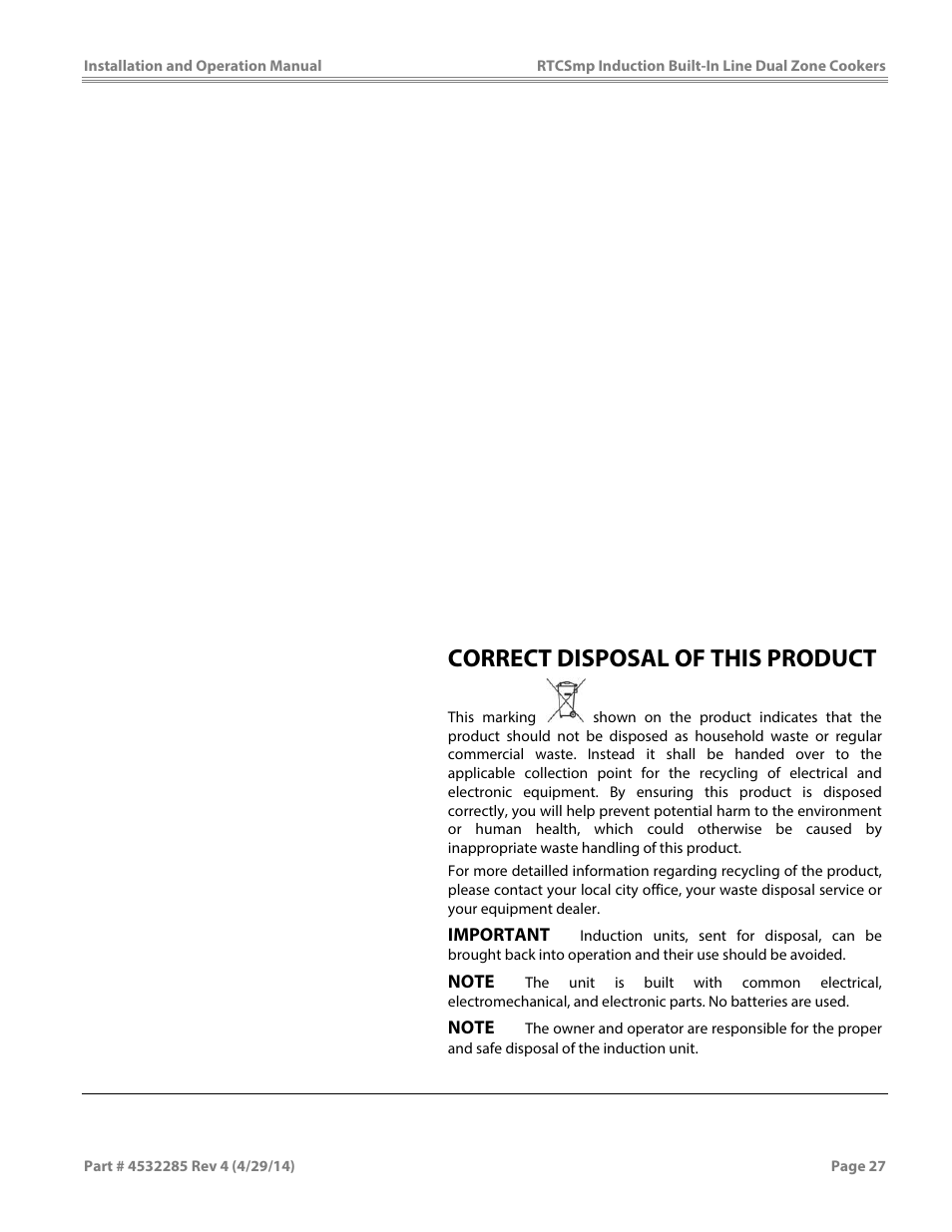 Correct disposal of this product | Garland SH DU IN 10000 (2x5000 / 10kW) INDUCTION BUILT-IN LINE DUAL-ZONE COOKERS User Manual | Page 27 / 28