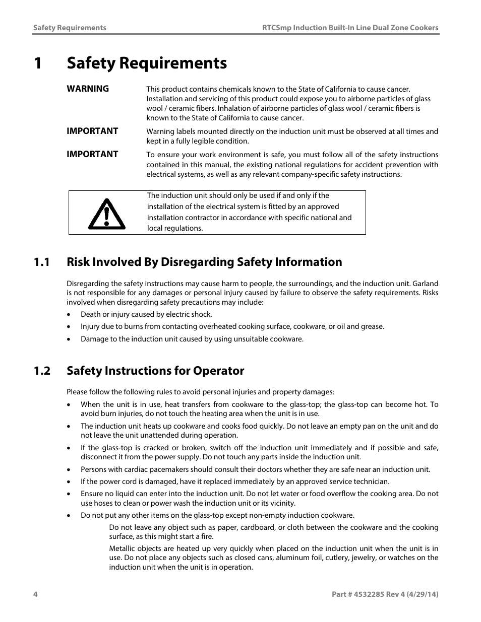 1safety requirements, 1 risk involved by disregarding safety information, 2 safety instructions for operator | Garland SH DU IN 10000 (2x5000 / 10kW) INDUCTION BUILT-IN LINE DUAL-ZONE COOKERS User Manual | Page 4 / 28