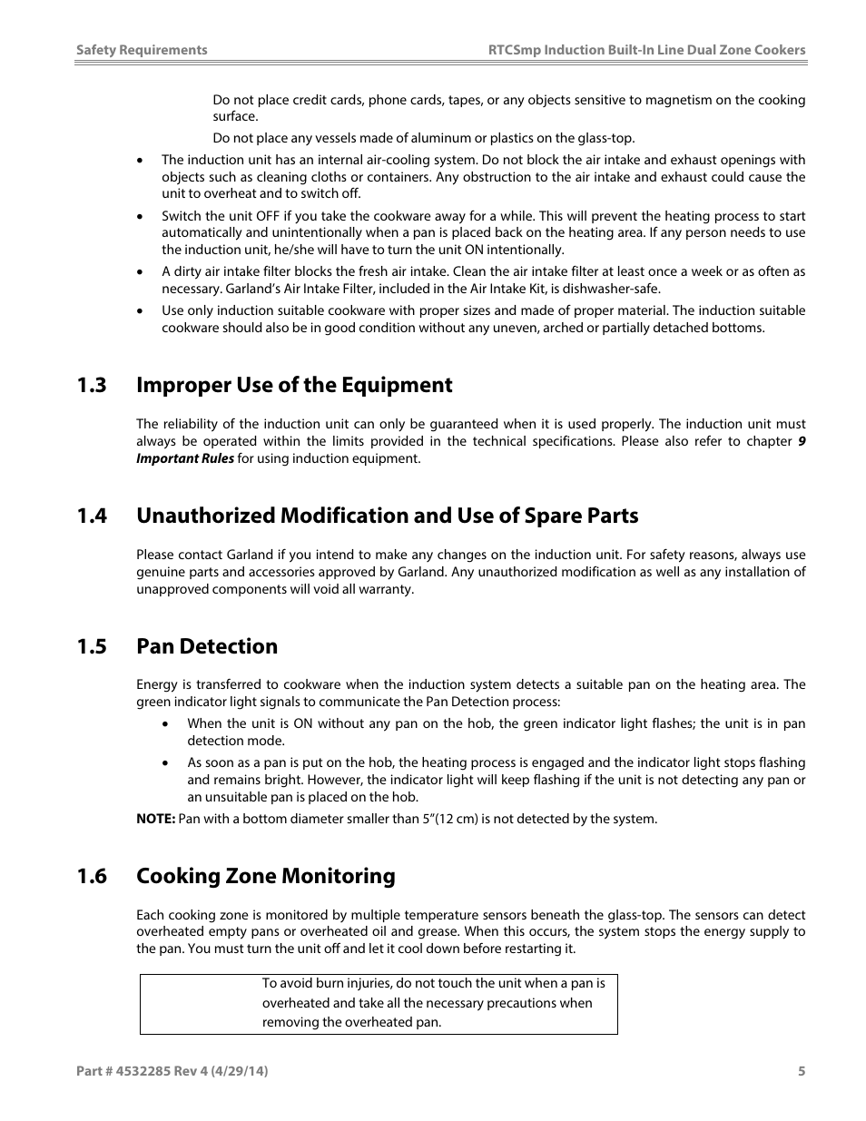3 improper use of the equipment, 4 unauthorized modification and use of spare parts, 5 pan detection | 6 cooking zone monitoring, Caution | Garland SH DU IN 10000 (2x5000 / 10kW) INDUCTION BUILT-IN LINE DUAL-ZONE COOKERS User Manual | Page 5 / 28