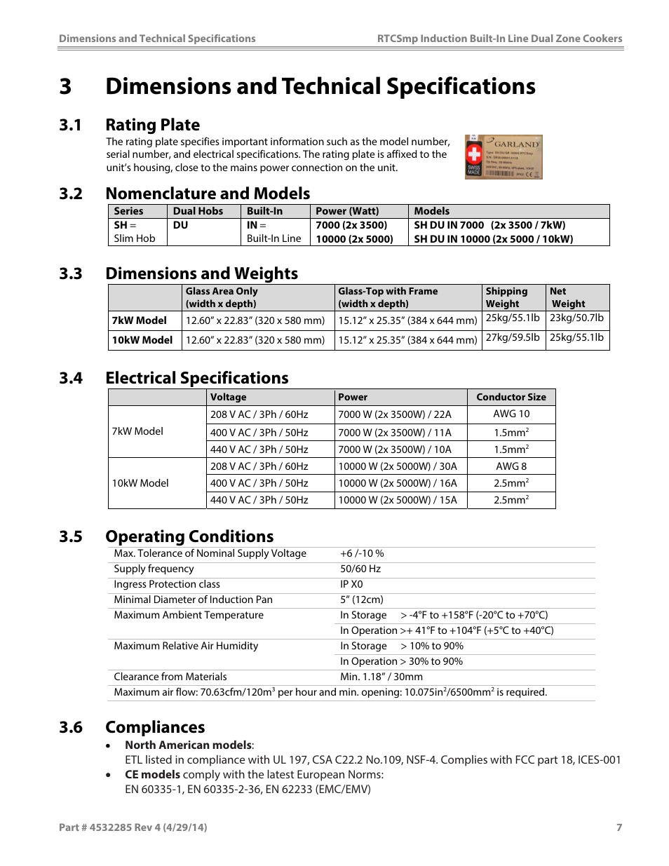 3dimensions and technical specifications, 1 rating plate, 2 nomenclature and models | 3 dimensions and weights, 4 electrical specifications, 5 operating conditions, 6 compliances | Garland SH DU IN 10000 (2x5000 / 10kW) INDUCTION BUILT-IN LINE DUAL-ZONE COOKERS User Manual | Page 7 / 28