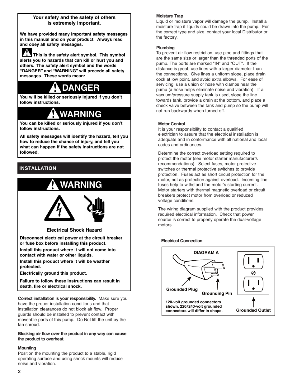 Warning, Warning danger | Gast 0211 Series Lubricated Laboratory Vacuum Pumps and Compressors User Manual | Page 2 / 8