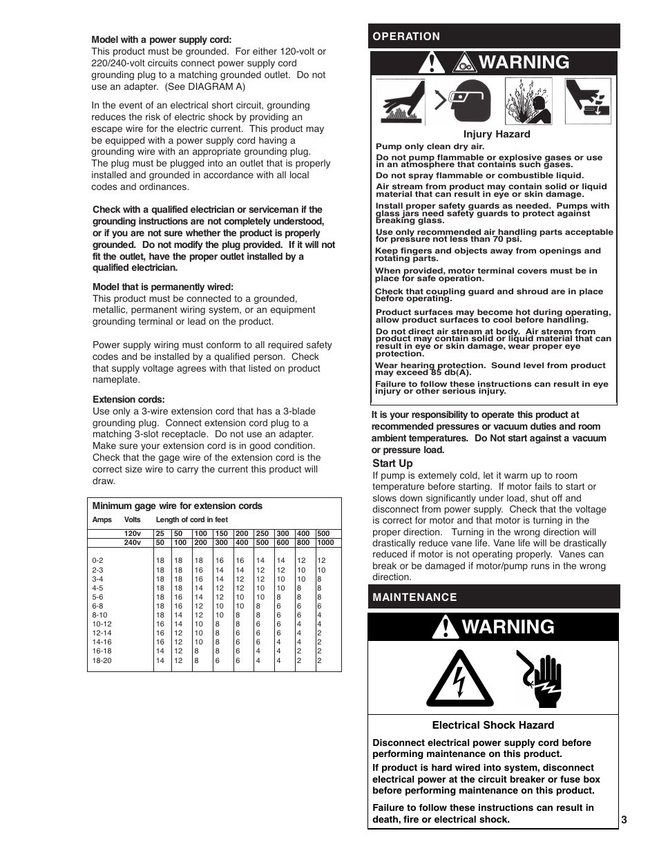 Warning | Gast 0211 Series Lubricated Laboratory Vacuum Pumps and Compressors User Manual | Page 3 / 8