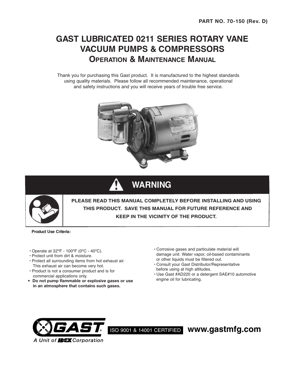 Gast 0211 Series Lubricated Vacuum Pumps and Compressors User Manual | 8 pages