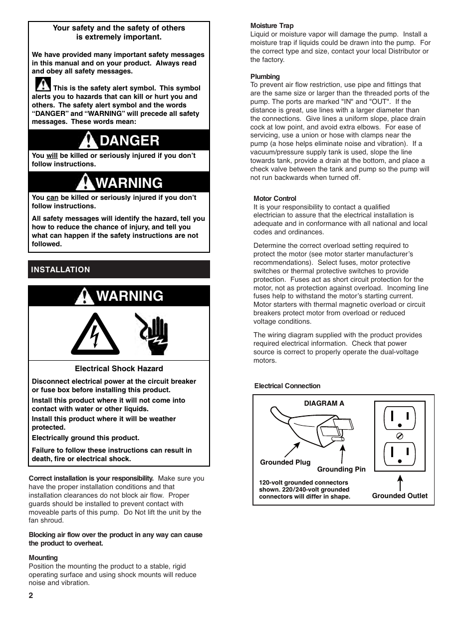 Warning, Warning danger | Gast 0211 Series Lubricated Vacuum Pumps and Compressors User Manual | Page 2 / 8