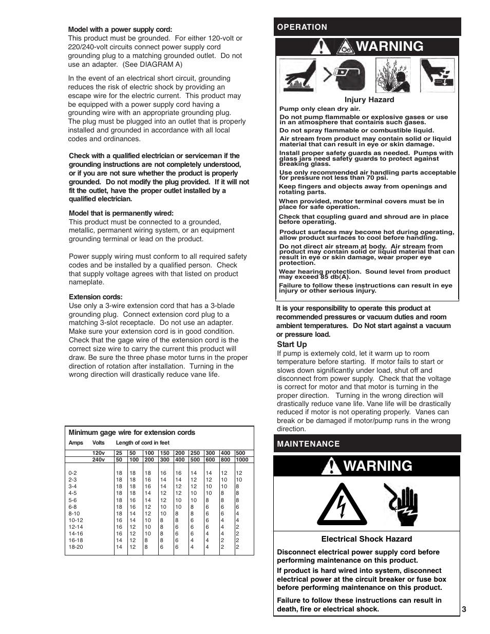 Warning | Gast 0211 Series Lubricated Vacuum Pumps and Compressors User Manual | Page 3 / 8
