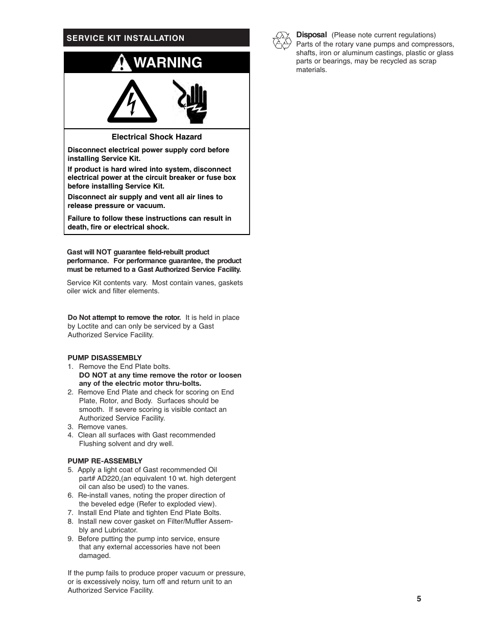 Warning | Gast 0211 Series Lubricated Vacuum Pumps and Compressors User Manual | Page 5 / 8