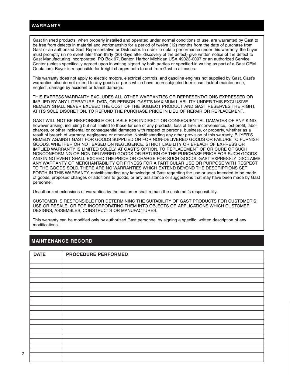 Gast 0211 Series Lubricated Vacuum Pumps and Compressors User Manual | Page 7 / 8