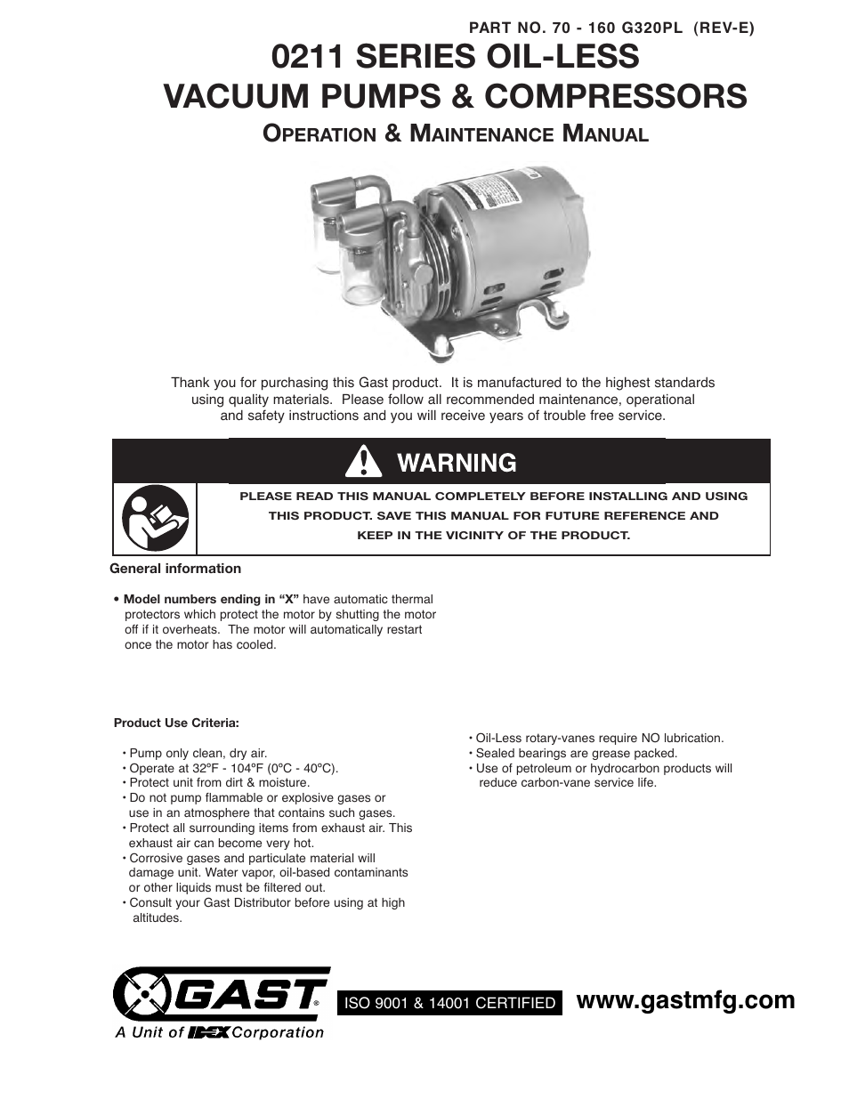 Gast 0211 Series Oilless Vacuum Pumps and Compressors User Manual | 7 pages