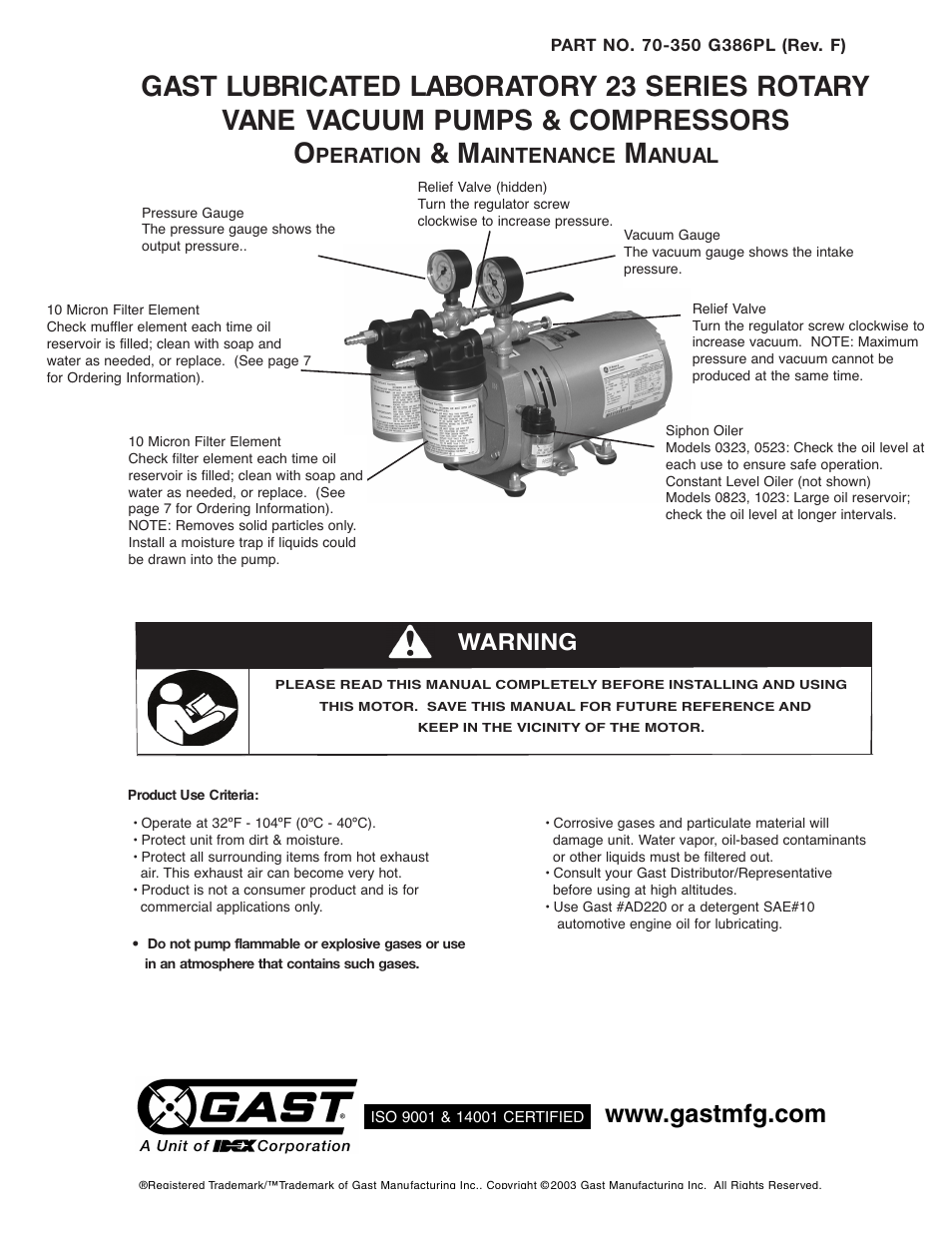 Gast 0523 Series Lubricated Laboratory Vacuum Pumps and Compressors User Manual | 8 pages