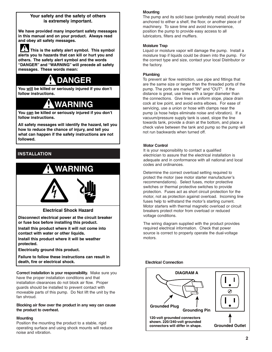 Warning, Warning danger | Gast 0523 Series Lubricated Laboratory Vacuum Pumps and Compressors User Manual | Page 2 / 8