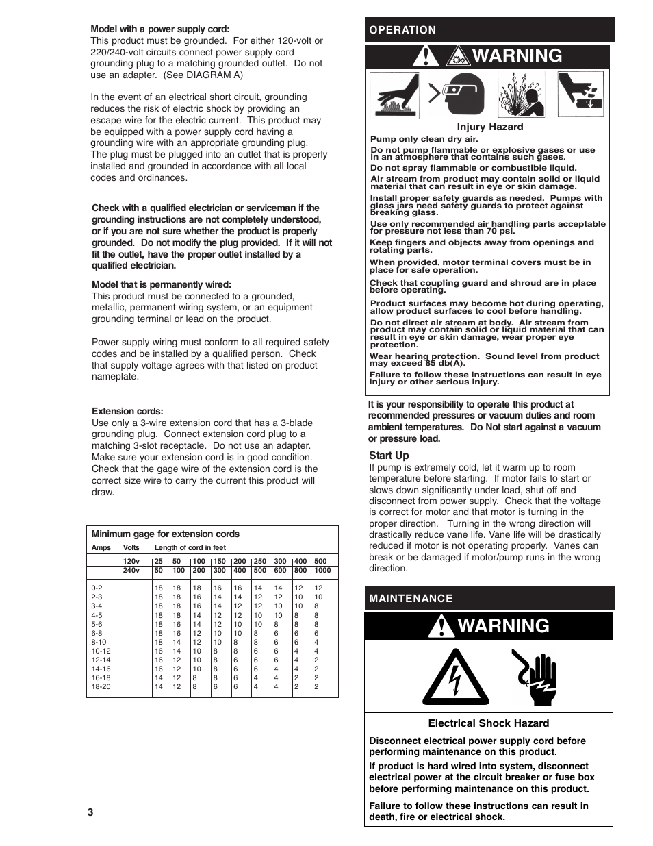 Warning | Gast 0523 Series Lubricated Laboratory Vacuum Pumps and Compressors User Manual | Page 3 / 8