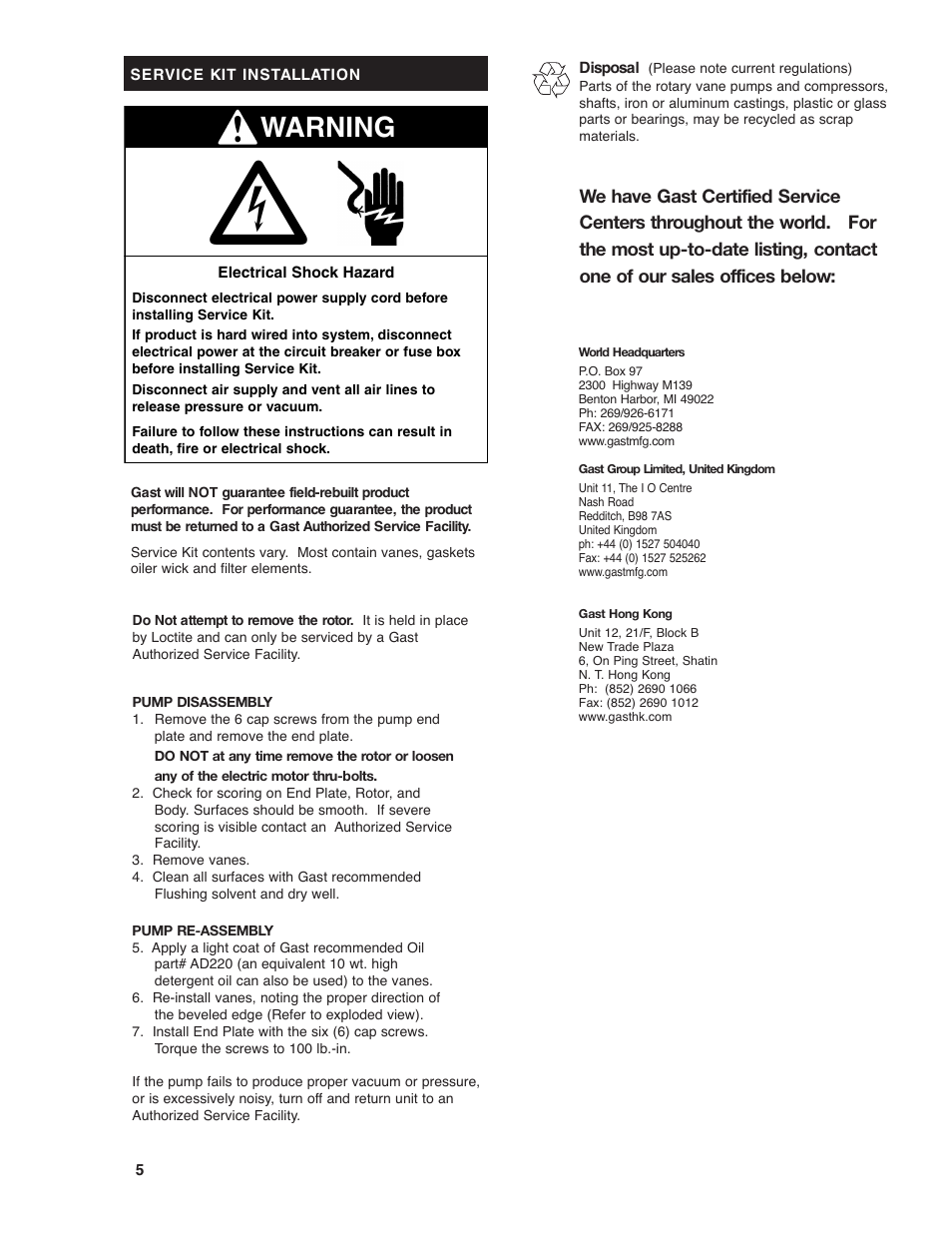 Warning | Gast 0523 Series Lubricated Laboratory Vacuum Pumps and Compressors User Manual | Page 5 / 8
