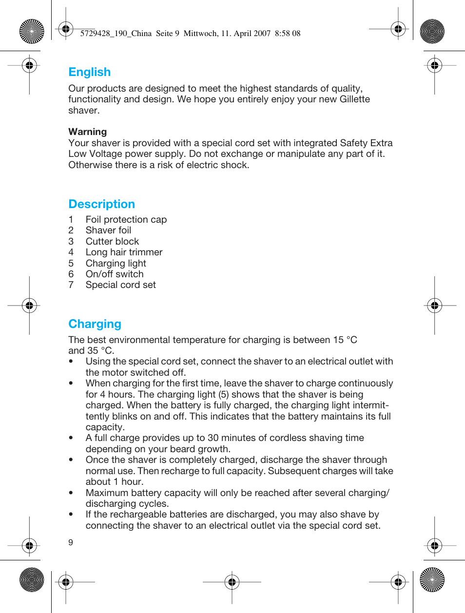 English, Description, Charging | Braun 5729 User Manual | Page 10 / 12