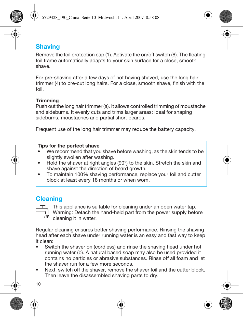 Shaving, Cleaning | Braun 5729 User Manual | Page 11 / 12