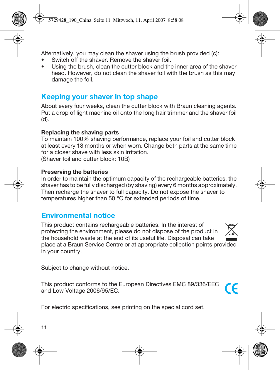 Keeping your shaver in top shape, Environmental notice | Braun 5729 User Manual | Page 12 / 12